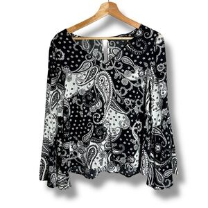 Express Black/White Paisley Bell Sleeve Keyhole-Back Top